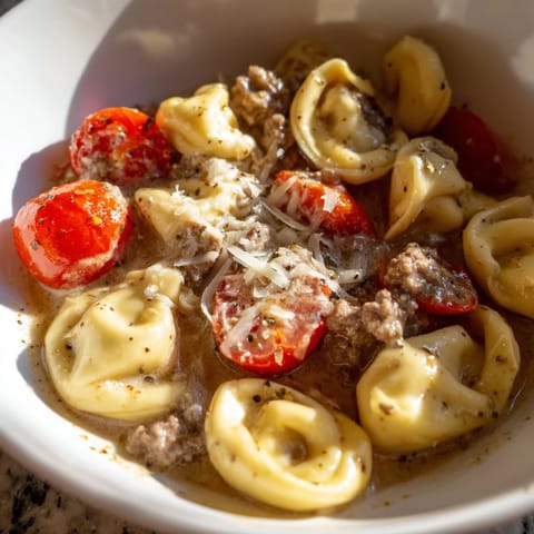 Steaming bowls of Tortellini Beef Soup feature golden-brown ground beef and plump cheese-filled pasta nestled in a creamy, tomato-rich broth.  