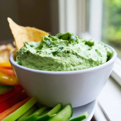 A creamy bowl of homemade Green Goddess Salad Dip garnished with fresh herbs, surrounded by crispy tortilla chips and colorful vegetable crudités.