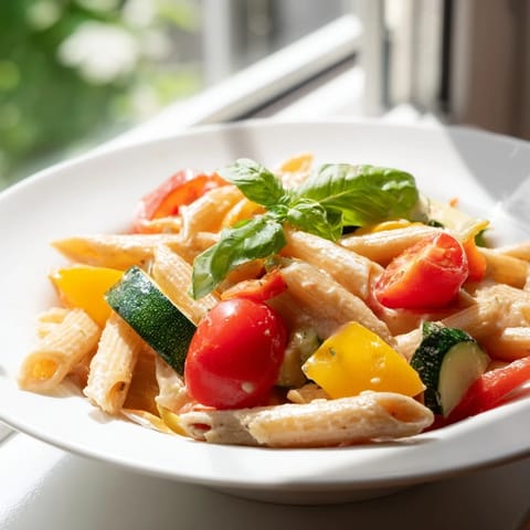 One-pot creamy pasta primavera features colorful zucchini, bell peppers, and snap peas coated in a rich Parmesan sauce.  