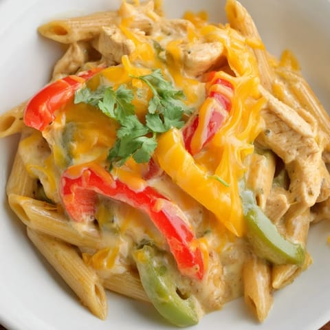 Colorful Chicken Fajita Pasta Skillet with peppers, onions, and lime wedges for serving.