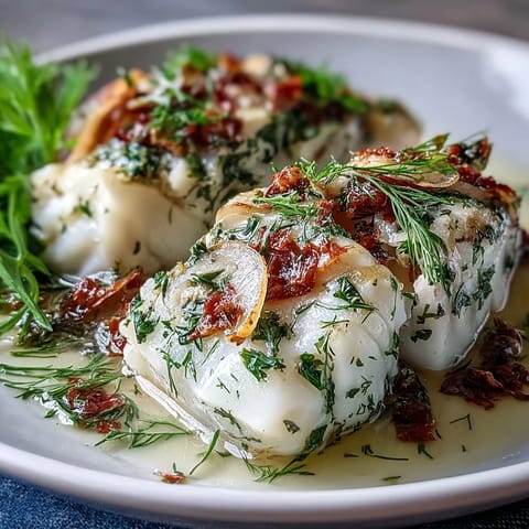 A skillet shows tender poached cod with fennel and orange slices, ready to serve alongside steamed potatoes or crusty bread.  