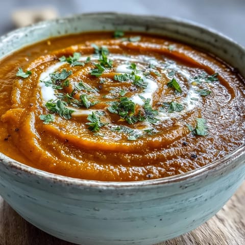 Close-up of creamy Carrot and Lentil Soup in a rustic bowl, highlighting the vibrant orange hue and tender lentils.