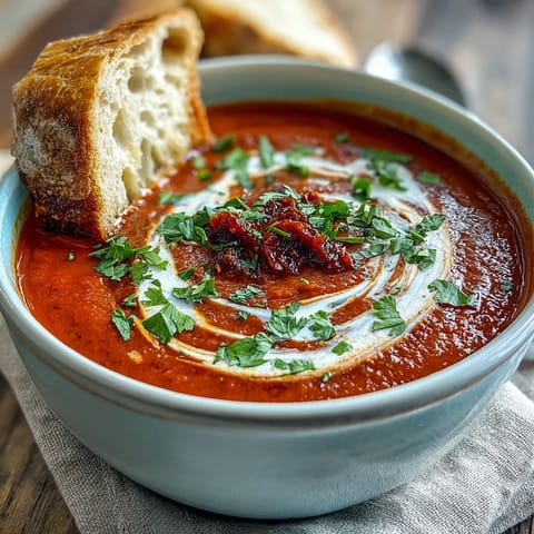 Fresh parsley garnishes a bowl of silky Roasted Red Pepper Soup with a swirl of yogurt, served beside crusty bread. 