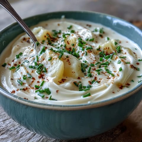 Velvety homemade Cream of Potato Soup with a swirl of cream and fresh parsley, served with crusty bread.