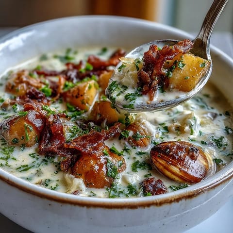 Creamy New England Clam Chowder topped with crispy bacon, ready to serve in a warmed bread bowl for dinner.