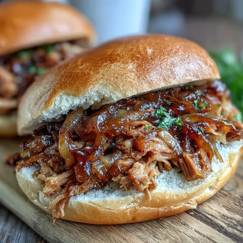 Golden-brown shredded Applesauce Pulled Pork Sandwiches topped with creamy coleslaw for a sweet and savory bite.  