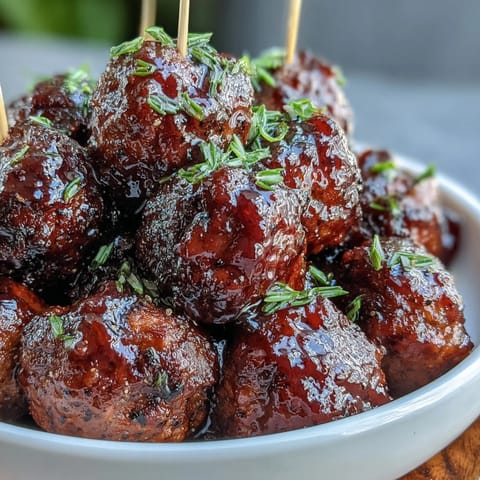 Savory beef meatballs in sticky grape jelly chili sauce, ready to serve on a platter with toothpicks for game day.  