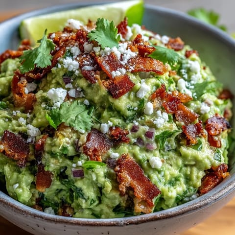 A rustic bowl of Bacon Guacamole with Cotija Cheese, topped with extra bacon bits and served alongside sturdy tortilla chips for scooping.