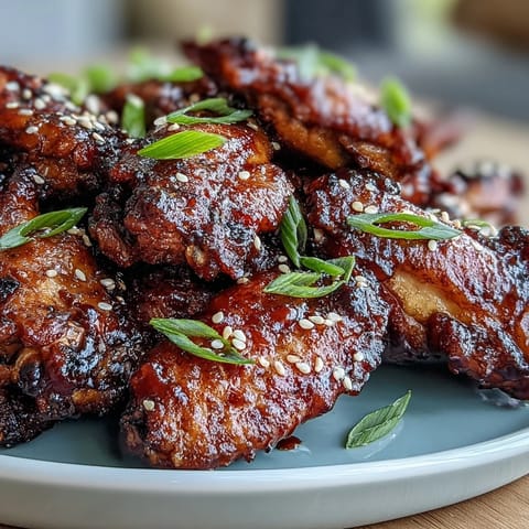 Sticky Coca Cola Chicken Wings glisten with a glossy, caramelized glaze on a white plate, garnished with green scallions and sesame seeds.  