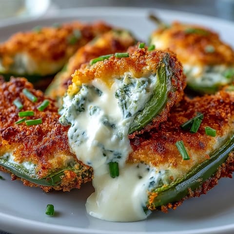 Golden brown Air Fryer Jalapeño Poppers, cheesy filling bubbling on a white platter garnished with fresh chives.