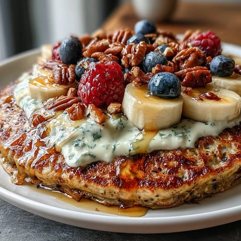A close-up of a freshly prepared Protein Pancake Bowl drizzled with honey and served beside a steaming mug of coffee.