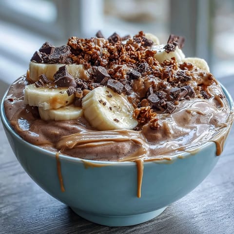 Frosted Chocolate Peanut Butter Smoothie Bowl topped with granola and banana slices.