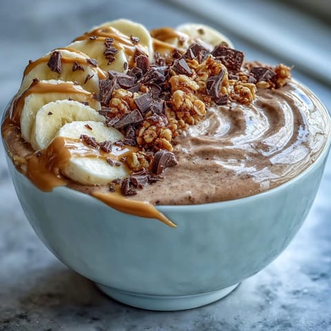 Creamy blended base with peanut butter and cocoa piled high in a chilled bowl.