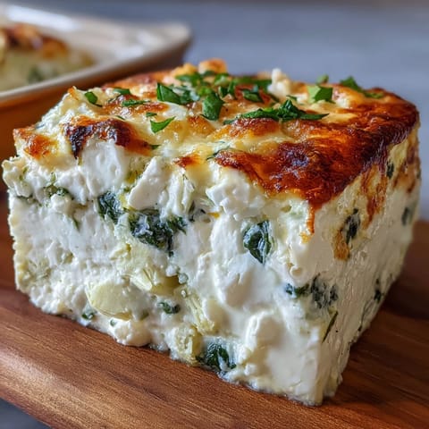 A scoop of savory High Protein Spinach Artichoke Bake on a plate, served alongside fresh cherry tomatoes for a complete keto-friendly meal prep lunch.