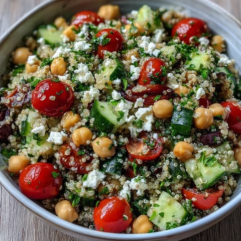 Freshly prepared High Protein Quinoa & Chickpea Salad served in a white bowl, topped with fresh parsley and ready for a healthy lunch.