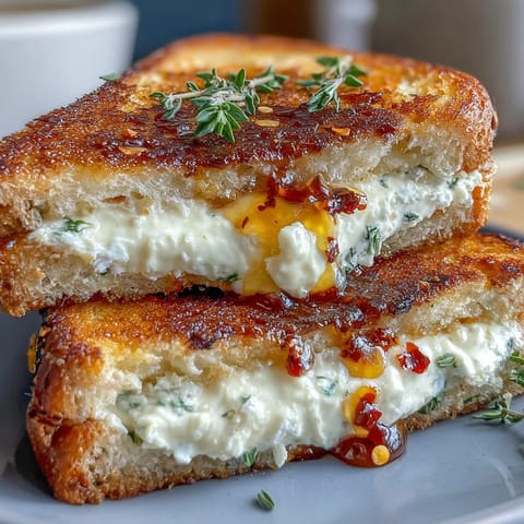 Golden-brown sourdough grilled cheese sandwiches stuffed with creamy goat cheese and drizzled with honey and chili flakes.