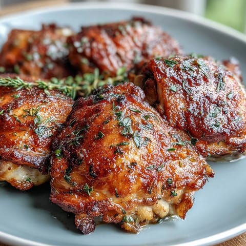A platter of crispy baked bone-in chicken thighs garnished with fresh parsley and lemon wedges.