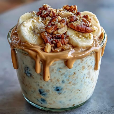 Close-up of creamy High-Protein Peanut Butter Overnight Oats topped with banana slices and chopped peanuts.
