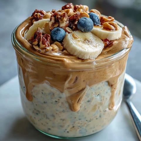 In a clear glass jar, High-Protein Peanut Butter Overnight Oats are layered with fresh blueberries and a yogurt dollop.