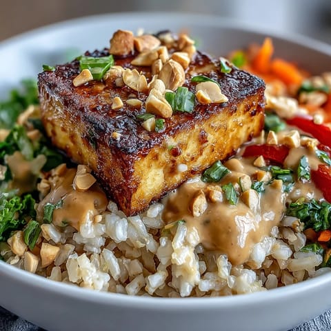 Golden-brown, crispy tofu cubes sit atop a bed of fluffy quinoa, surrounded by colorful raw veggies and a generous drizzle of creamy peanut sauce in this vibrant Peanut Tofu Power Bowl.