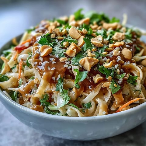 A close-up of an Asian Peanut Noodle Bowl garnished with chopped peanuts, sesame seeds, and fresh cilantro.