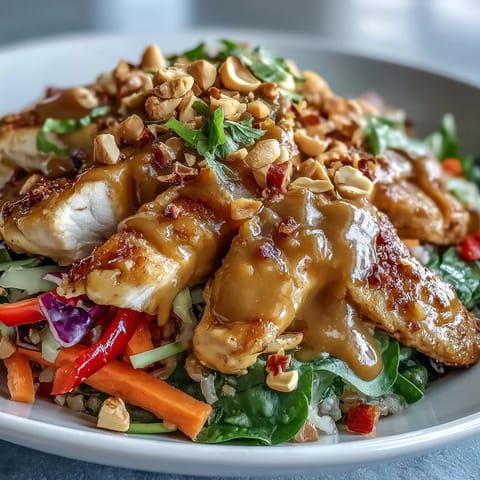 Peanut Chicken Power Bowl with tender sliced chicken, rainbow vegetables, and fluffy quinoa, drizzled with creamy peanut sauce.