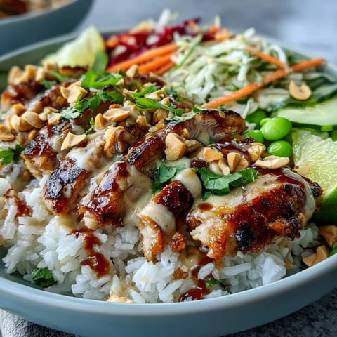 Fluffy coconut rice topped with grilled chicken, crunchy red cabbage, carrots, and cucumber, drizzled with a creamy peanut sauce.