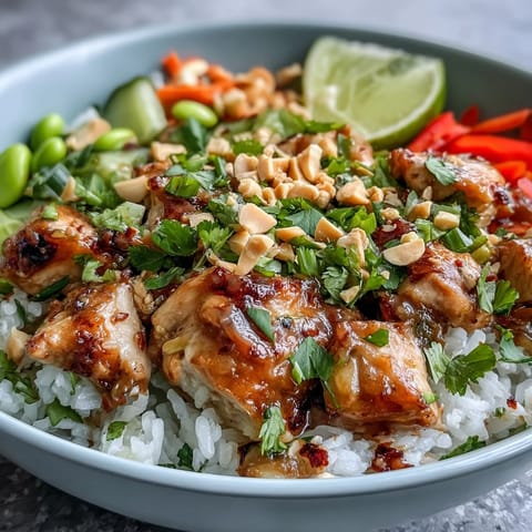 Thai Peanut Chicken Bowl with fluffy coconut rice, colorful veggies, and creamy peanut sauce drizzled over tender chicken.