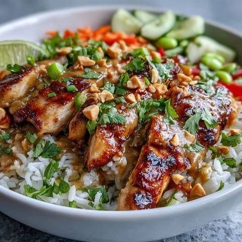 Spicy-creamy Thai Peanut Chicken Bowl garnished with cilantro, chopped peanuts, and lime wedges for a fresh, zesty finish.