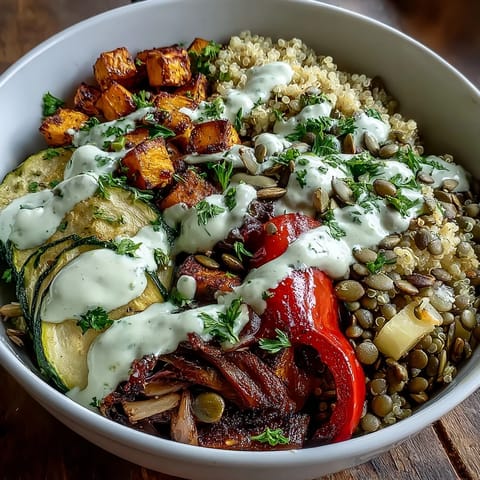 Vibrant Lentil Power Bowl with roasted sweet potato, red bell pepper, and zucchini on fluffy quinoa. 