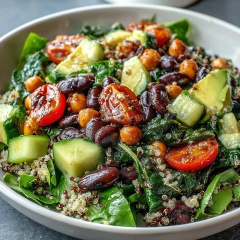A vibrant Three-Bean Power Bowl topped with creamy avocado slices and fresh cilantro, packed with wholesome quinoa and colorful veggies for a satisfying meal.