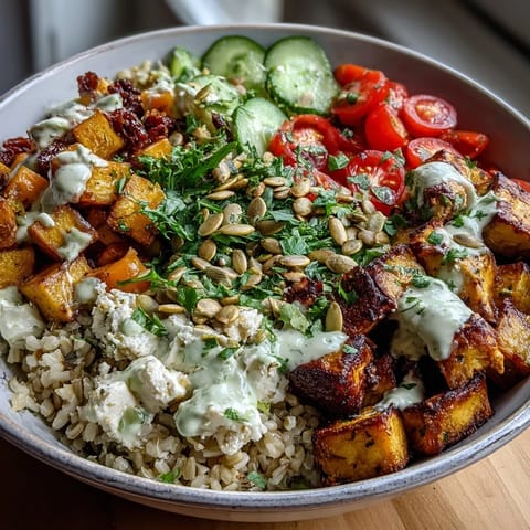 A vibrant Customizable Grain Bowl with roasted sweet potatoes and fresh cherry tomatoes topped with a drizzle of lemon-tahini dressing.