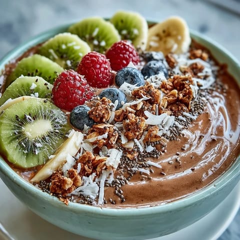 Creamy Hojicha Smoothie Bowl topped with fresh berries, sliced kiwi, and crunchy granola for a nourishing breakfast.