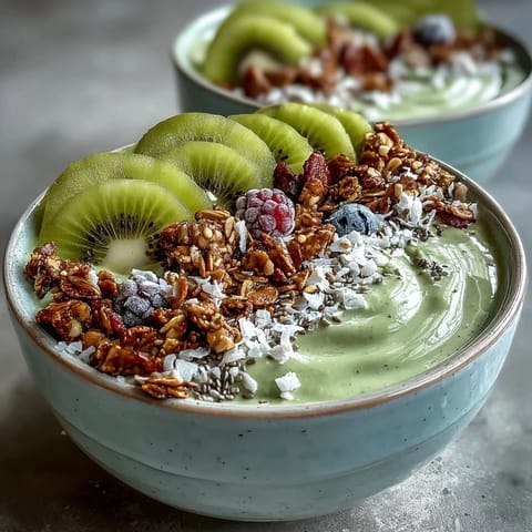 Earthy roasted hojicha blended into a thick, chilled smoothie bowl garnished with chia seeds and coconut flakes.