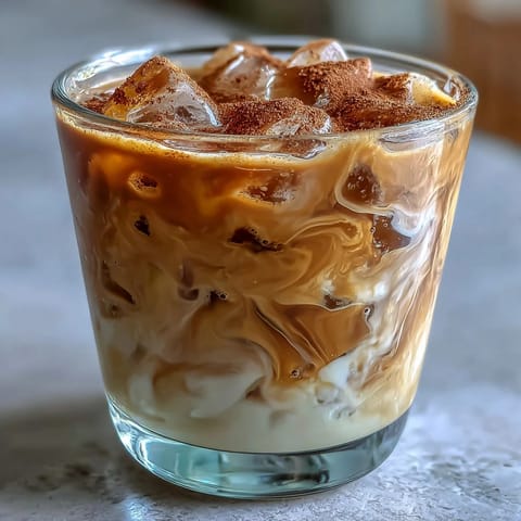 Iced Hojicha with Cinnamon in a clear glass over ice, with a gentle swirl of creamy milk and a dusting of fragrant spice.
