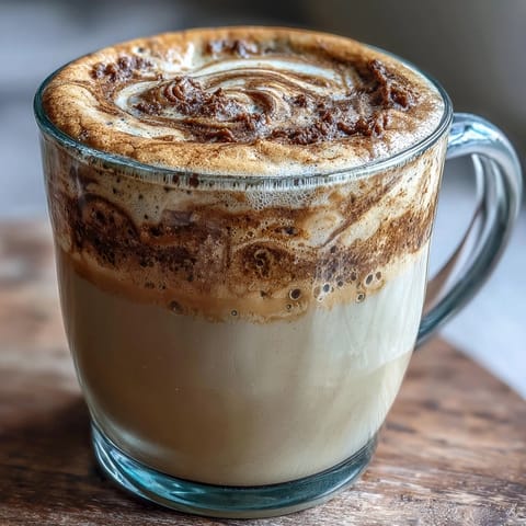 Creamy Hojicha Latte with Vanilla Extract being poured from a saucepan into a ceramic mug, steam rising.