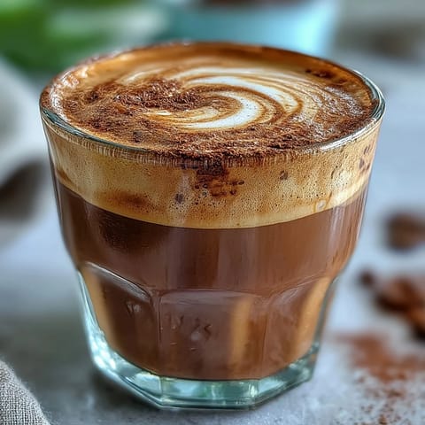 A warm Hojicha Cortado topped with frothy steamed milk served in a glass mug.