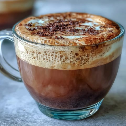 Golden brown Hojicha Cappuccino with creamy steamed milk foam and toasted roasted tea aroma.