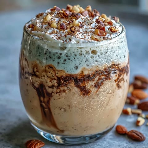 Hojicha milkshake topped with whipped cream and toasted nuts in a chilled glass.
