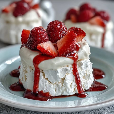 Mini pavlovas with strawberries and cream: crisp meringue shells filled with vanilla whipped cream and fresh, juicy berries.