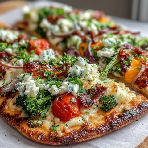 Vibrant St. Patricks Day Rainbow Veggie Flatbread Pizza with fresh mozzarella and colorful vegetables arranged in a festive pattern.