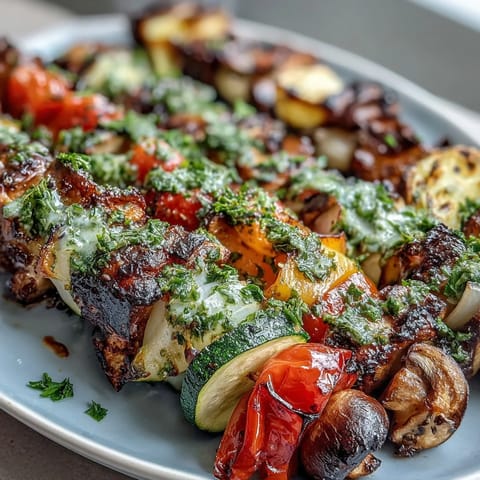 Colorful grilled veggie skewers with chimichurri, featuring bell peppers, zucchini, and mushrooms, perfect for summer barbecues.  