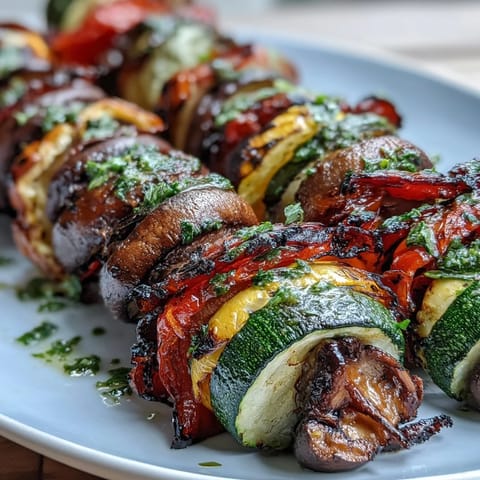 Vibrant summer grilled vegetable skewers drizzled with herby chimichurri sauce, a healthy and flavorful vegetarian dish.  