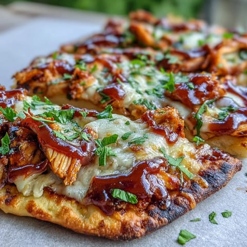 Crispy BBQ chicken flatbread pizza with smoky sauce, melty cheese, and colorful veggies for a flavorful weeknight dinner.  