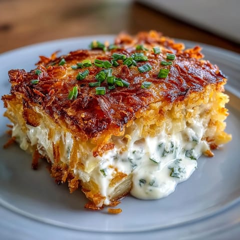 Cheesy Hash Brown Casserole with golden cornflake topping, bubbling and hot from the oven.