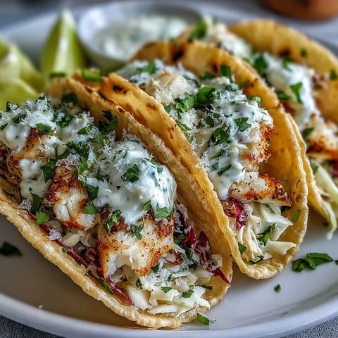 Fresh coconut lime grilled fish tacos with zesty slaw and creamy coconut crema, served on warm tortillas for a vibrant summer meal.