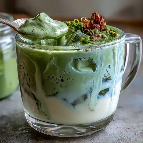 Mother's Day Iced Matcha Latte with vanilla cold foam, a delightful layered drink.