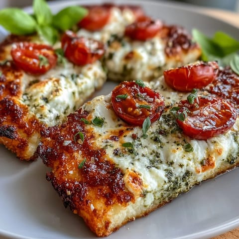 Delicious cottage cheese flatbread, golden baked with fresh pesto and tomatoes.