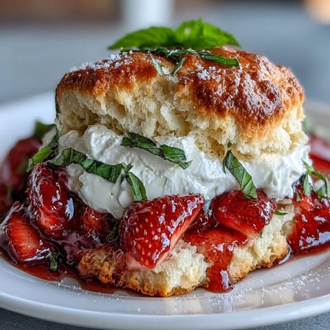 Golden Strawberry Basil Shortcake Biscuits piled high with macerated berries and cream.