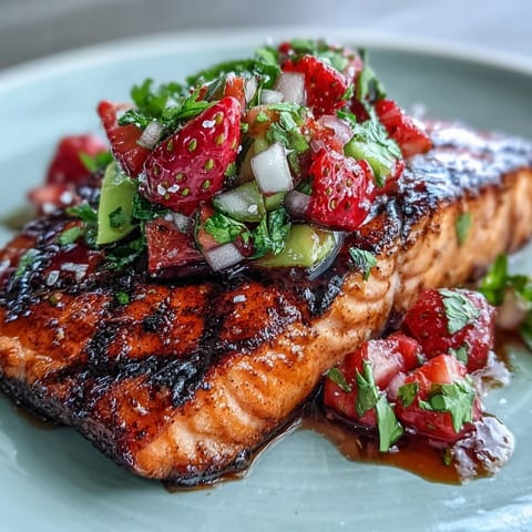 Seared salmon, vibrant strawberry avocado salsa, a juicy summer meal.